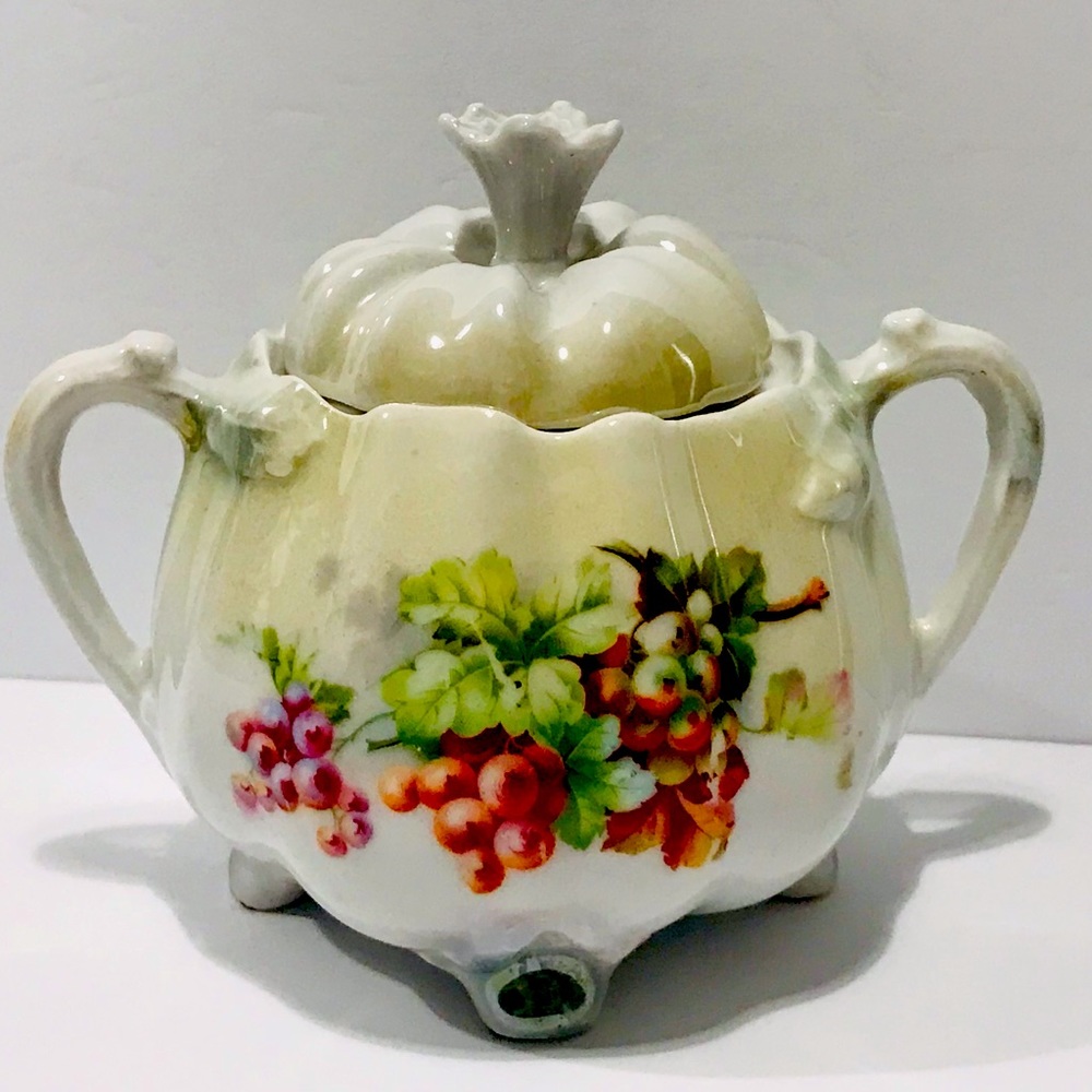 Antique German Sugar Jam Bowl With Lid Handles Grape Clusters Luster Iridescent